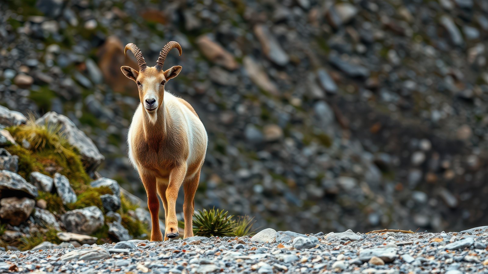 Mountain goat grazing along rocky terrain in a serene wilderness setting